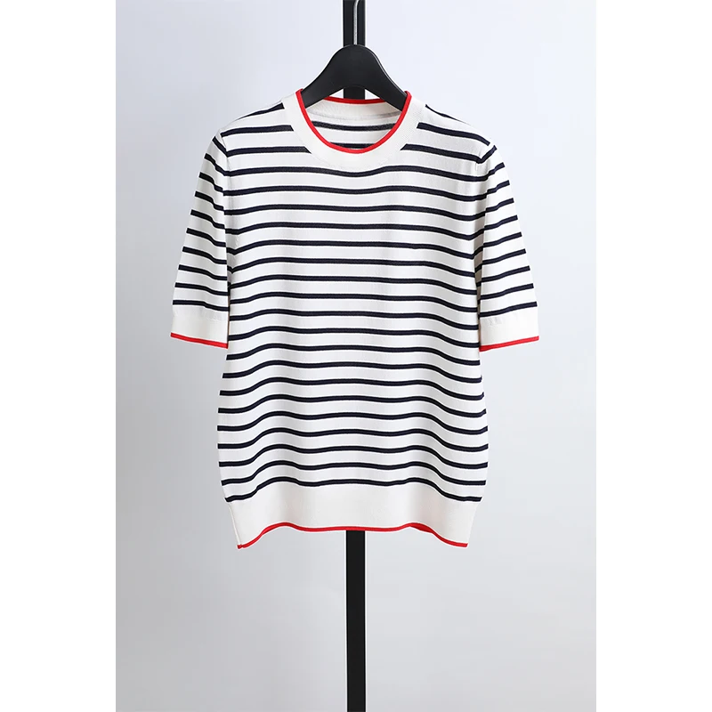 Camiseta de Punto Awei de Verano para Mujer, Cuello Redondo, Manga Corta, Elástica, con Rayas, Estilo Casual, Tejido de Nailon y Rayón