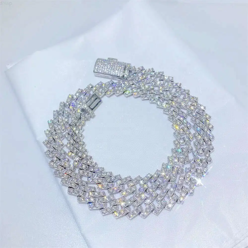 Super Shining Round Cut Moissanite Diamond Cuban Link Chain White Gold Hip Hop Chain Necklace