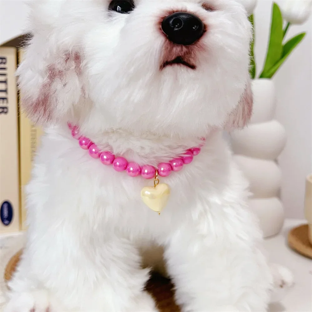 

Hot Sale Candy Colored Pet Pearl Collar Colorful Love Pendant Handmade Adjustable Jewerly Necklace Small Dog Cat Neck Decoration