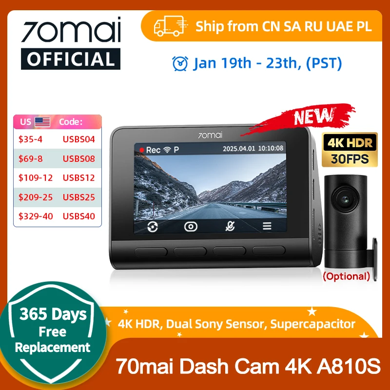 New 70mai 4K Dash Cam A810S HDR Supercapacitor 4G LTE Wi-Fi 6 Voice Control GPS ADAS 70mai A810S Upgrade Version of 70mai A810