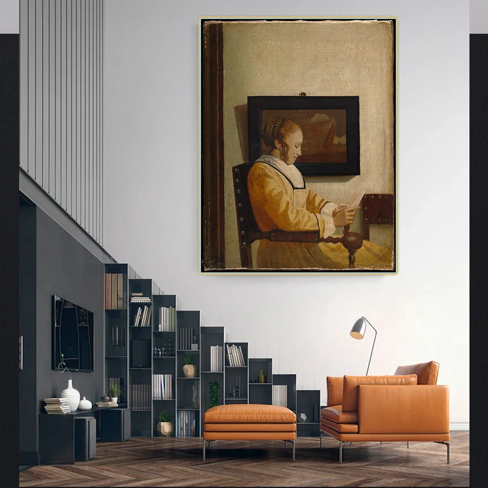 A Young Woman Reading by Johannes Vermeer Canvas Oil Painting Artwork Poster Picture Wall Decor Home Living room Decoration