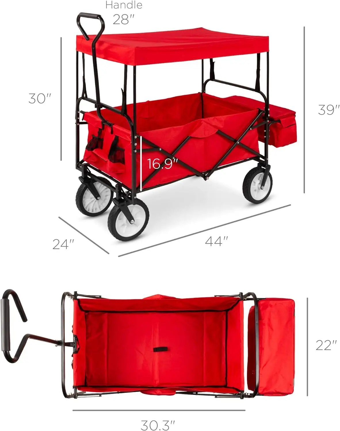 Best Choice Products Collapsible Folding Outdoor Utility Wagon with Canopy Garden Cart for Beach, Picnic, Camping, Tailgates Red