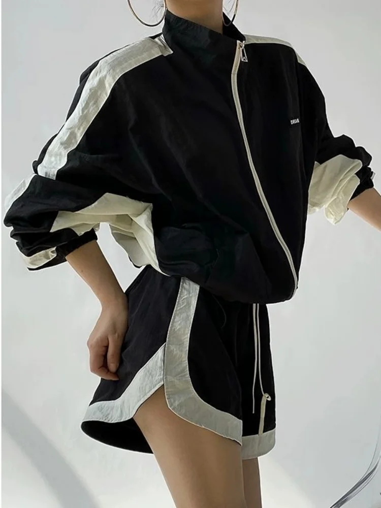 HOUZHOU Korean Style Black Two Piece Shorts Sets Women Outfits Gorpcore Harajuku Streetwear Oversize Patchwork Zip Jacket Female