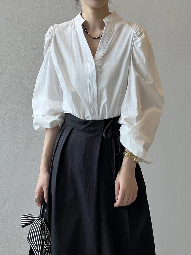 French Stand Collar Shirts Women Spring Fall Long Sleeve Buttons Blouse Puff Sleeve Loose Casual Tops Office Ladies White Shirts