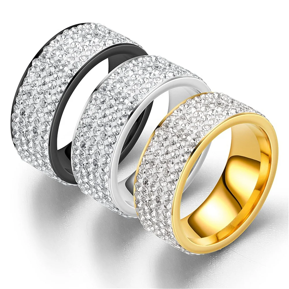 Hip Hop Iced Out Bling Ring 8mm Männlich Schwarz/Gold/Silber Farbe Edelstahl Verlobung Hochzeit Ringe für Frauen Männer Schmuck Geschenk