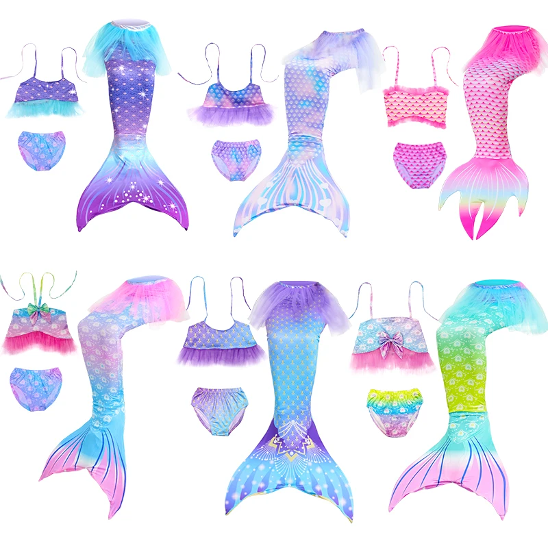 3pcs Kids Mermaid Tails Swimsuit Bathing Suits for Girls 4-13 Years Pool Party Swimmable Cosplay Costume Props with Top Shorts