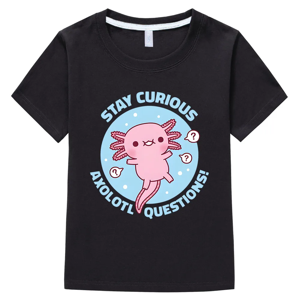 Stay Curious Axolotl Salute Kawaii T-shirt Boys Girls Cartoon Graphic Tee-shirt 100% Cotton Tees Short Sleeve Summer O-neck Tops