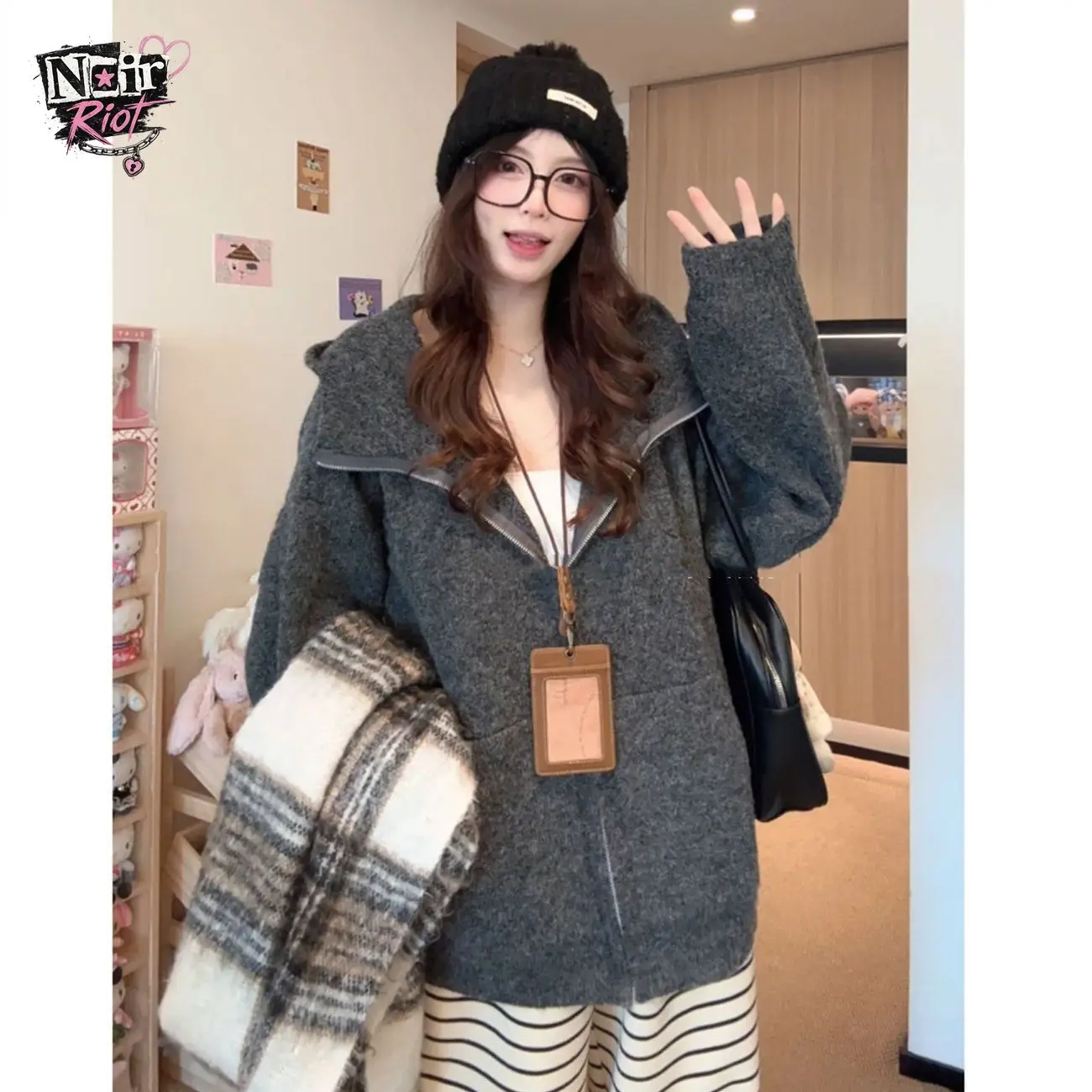 French Vintage Elegant Half Zip Up Hooded Knit Cardigan Women Oversized Soft Thick Warm Loose Fit Casual Streetwear Outfit 2026