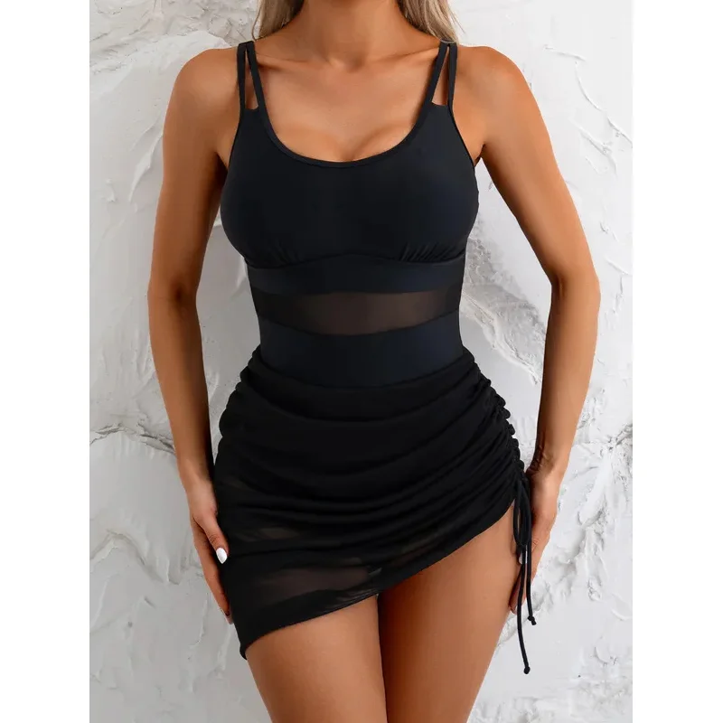 Vintage Black Mesh Skirt One Piece Swimsuit Set 2025 Women Double Strap Slim Tummy Control Swimwear Summer Bathing Suit Monokini