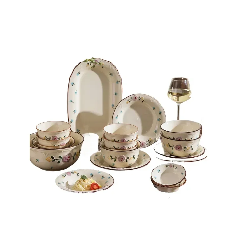 Retro Relief Flower Ceramic Dishes Set Household Underglaze Tableware Combination Housewarming Gift
