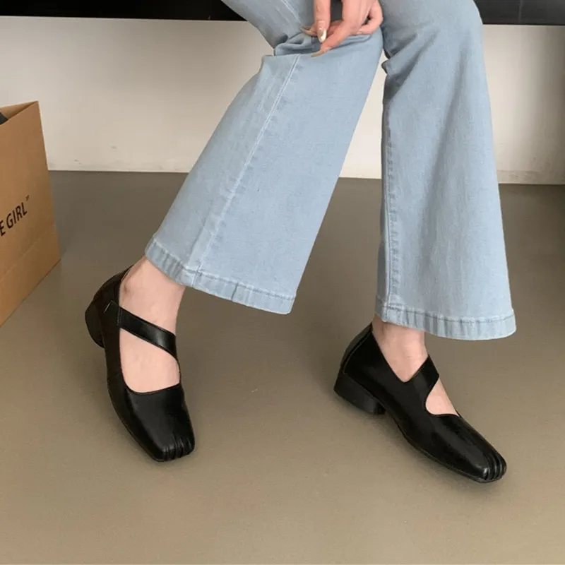 Bailamos New Brand Women Flat Shoes Fashion Square Toe Shallow Mary Jane Shoes Flat Heel Casual Soft Leather Ballet Shoe