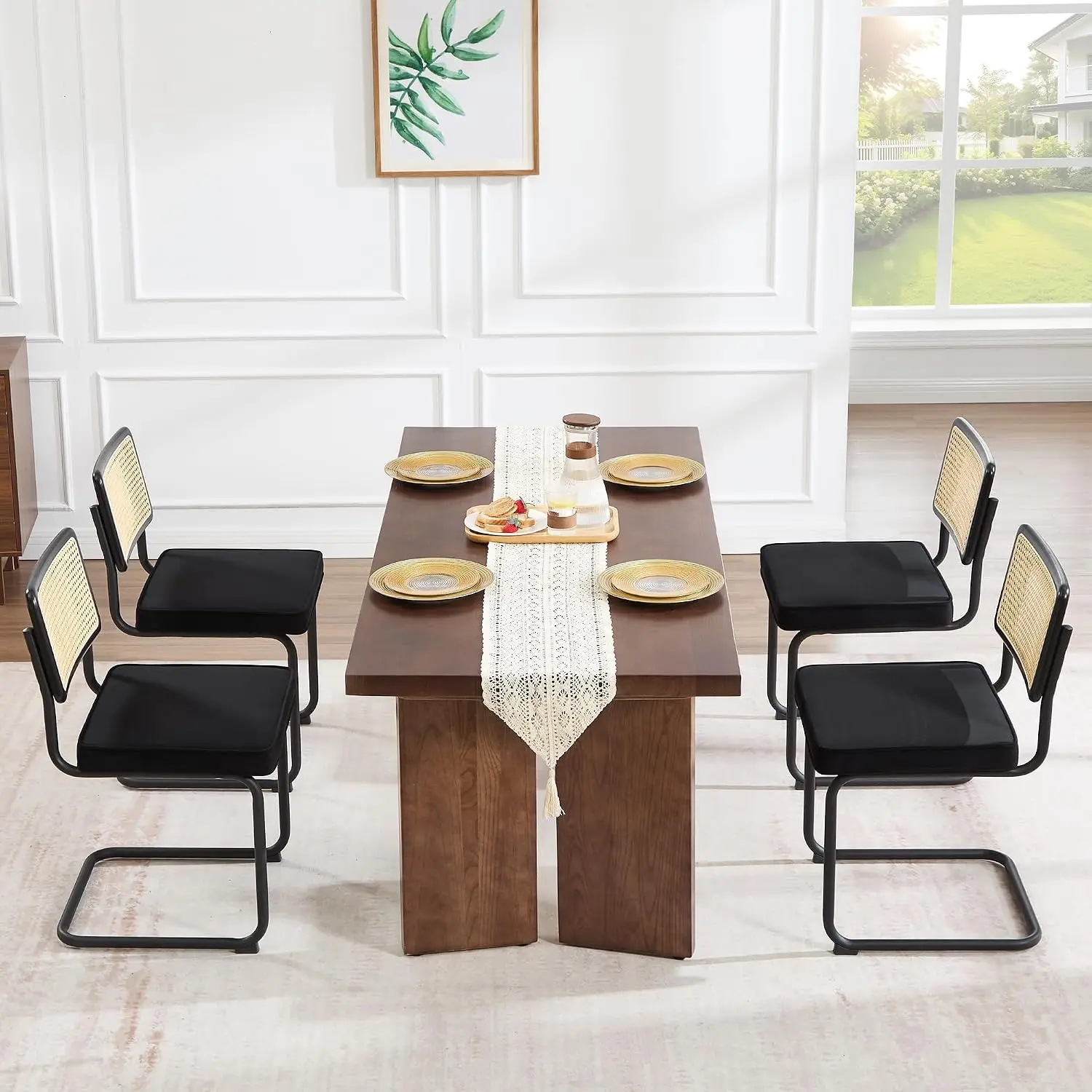 Natural Rattan Dining Chairs Set 4 with Wood Back & Velvet Upholstery for Kitchen Living Room Mid Century Black, Customized