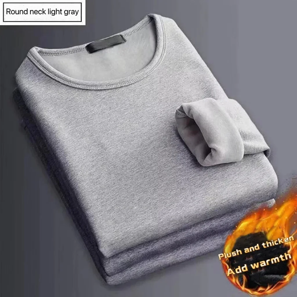 Winter Men's Long-sleeved Thermal Underwer T-Shirt Fleece Bottoming Shirt Round Neck Shirt Fashion Plus Velvet Padded T-shirt