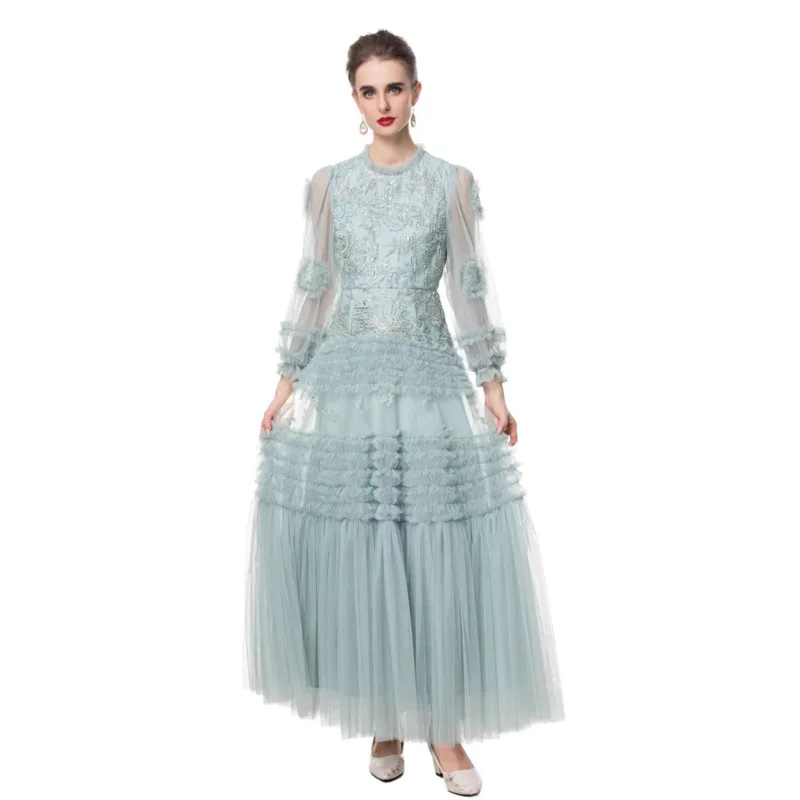 HKSH Frauen Frühjahr Neue Schwere Nagel Perle Pailletten Mesh Splice Langarm Temperament Flauschigen Kleid Overall Chic Elegante Rock HK4803