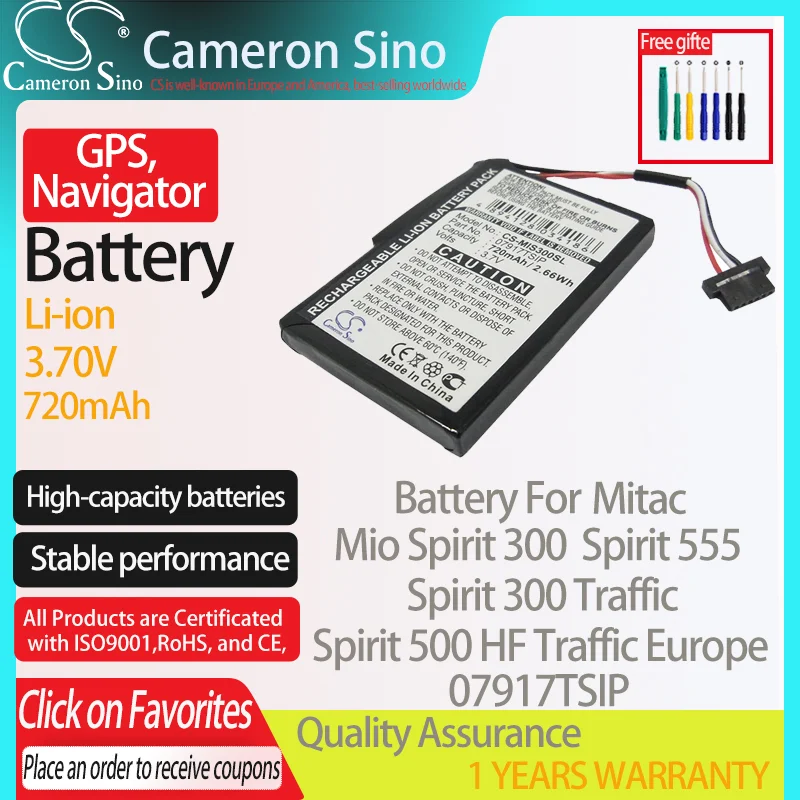 CameronSino Battery for Mitac Mio Spirit 300 Spirit 300 Traffic Spirit 555 Traffic fits Mitac 07917TSIP GPS,Navigator battery