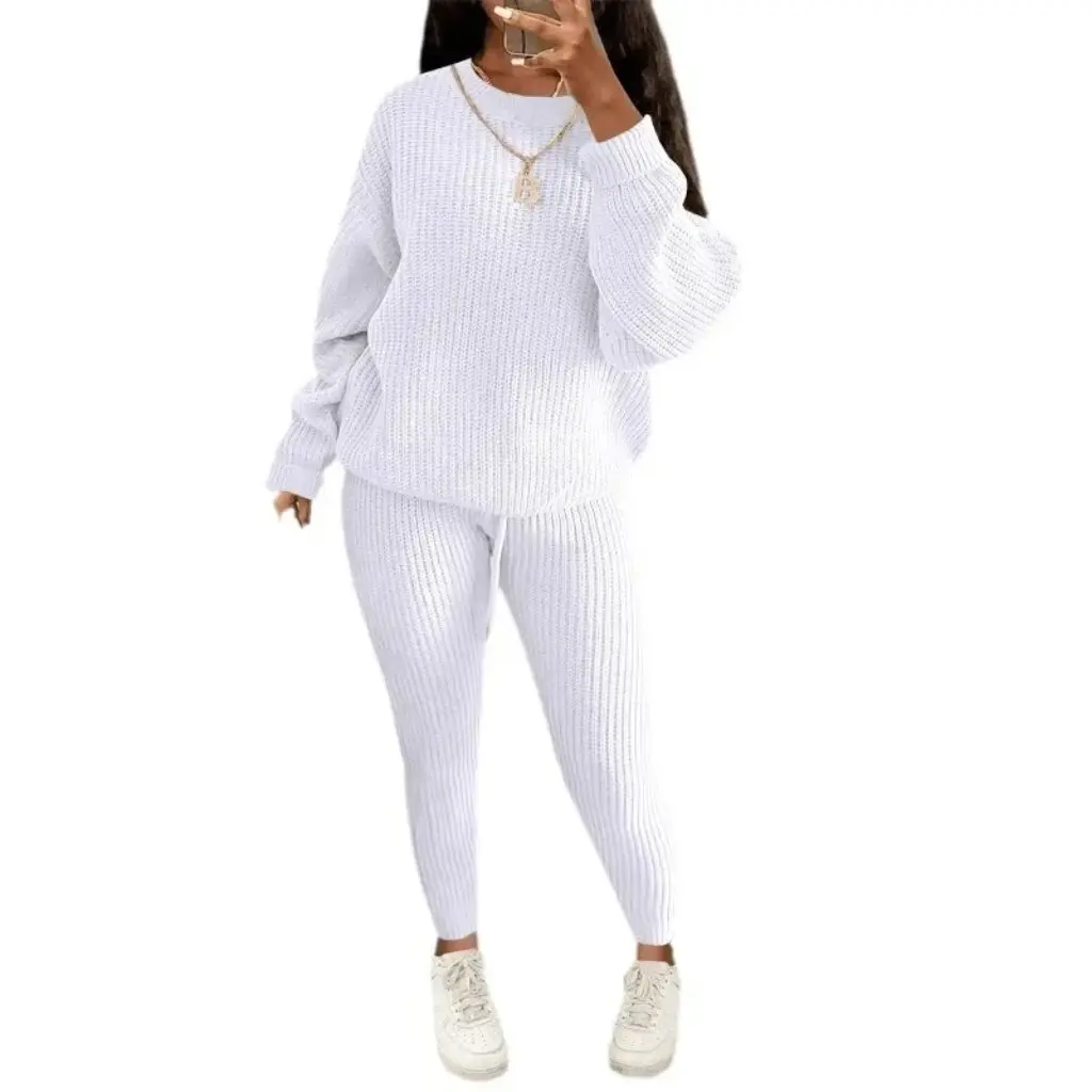 Moda feminina casual malha terno calças estilo europeu americano mistura de lã venda quente