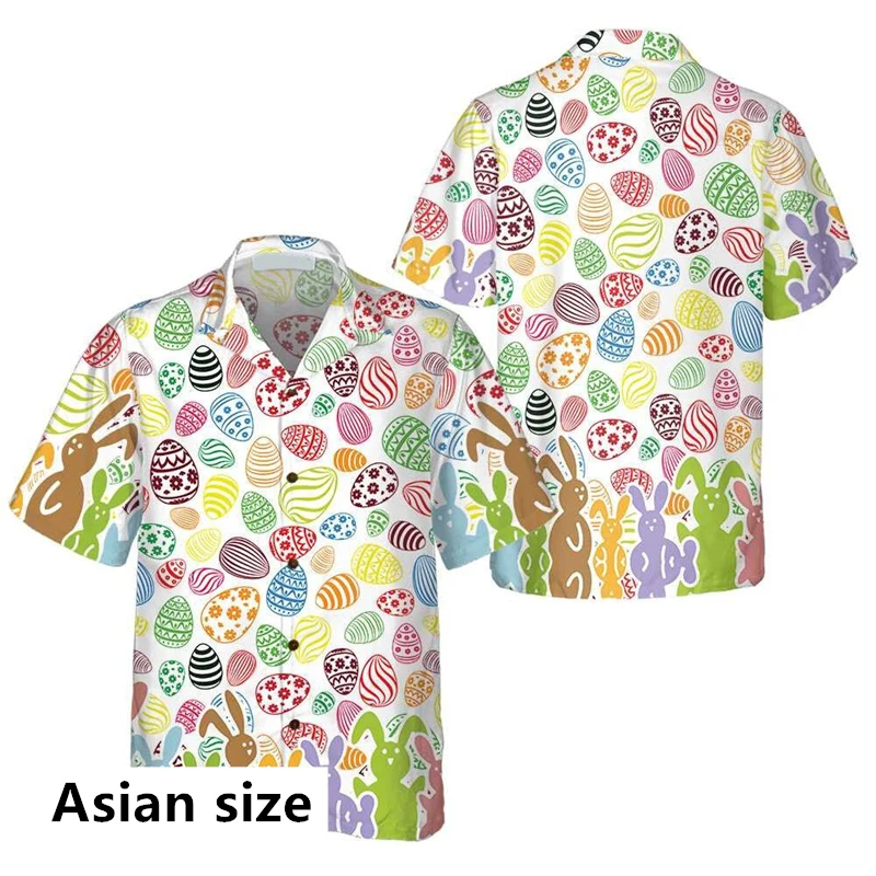 Happy Easter Day Hawaiian Mens Shirts Anime Bunny Eggs 3D Printed Beach Shirt Women Clothes Casual Daily Button Up Lapel Shirts