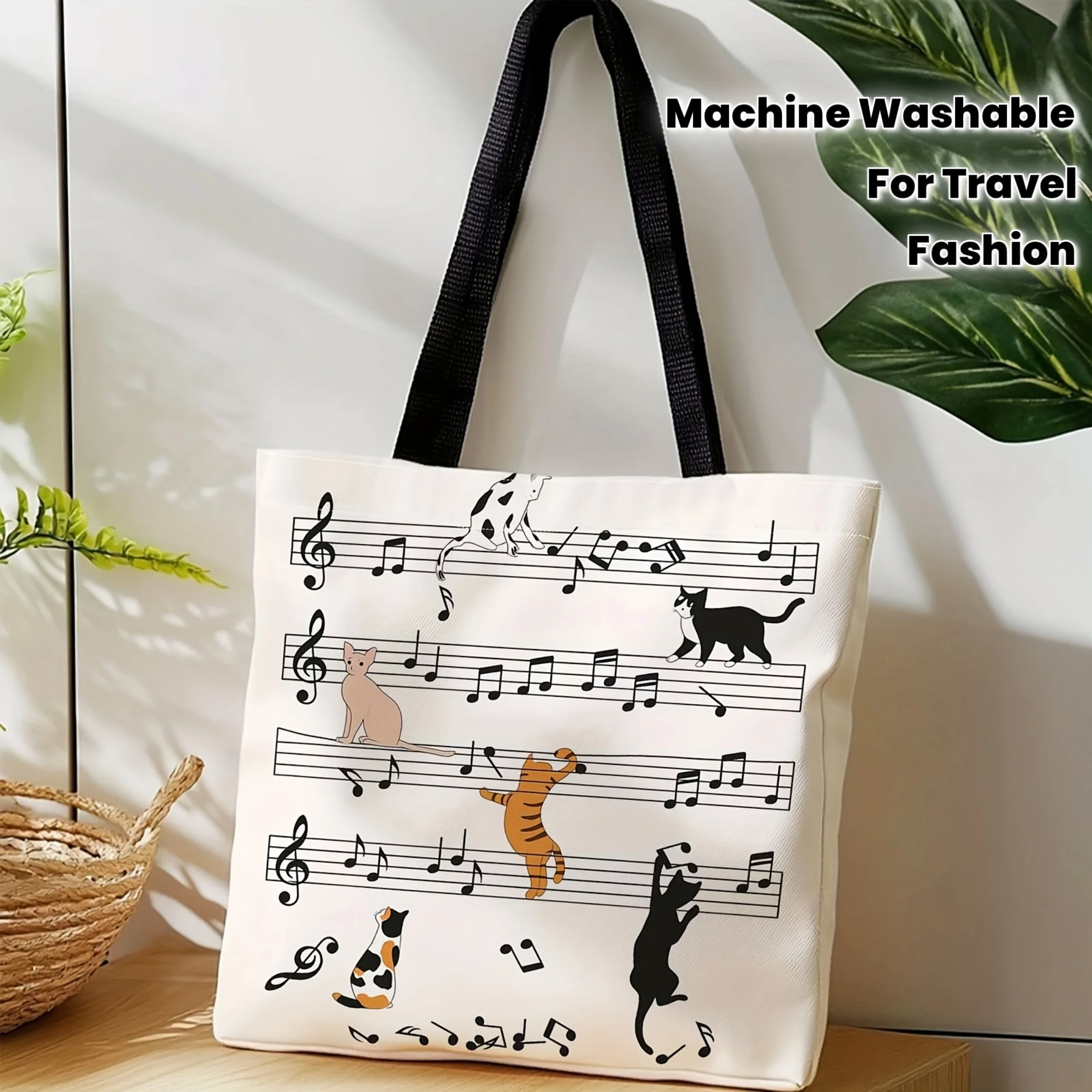 

Musical & Sheet Music Tote Bag - Cute Silhouette & Note Design with Treble Clef, Beige Like Handheld Shoulder Bag Travel