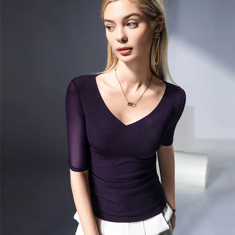 

New 2025 Women's Mesh T-Shirt Women's Mid Sleeve Spring Summer New Sexy V-Neck Top Y2k Girls Alo