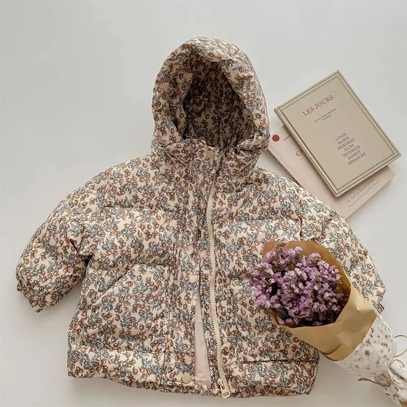 

Осенне-зимний детский пуховик, корейское издание, детская толстовка с цветочным принтом для девочек, утепленное теплое короткое пальто