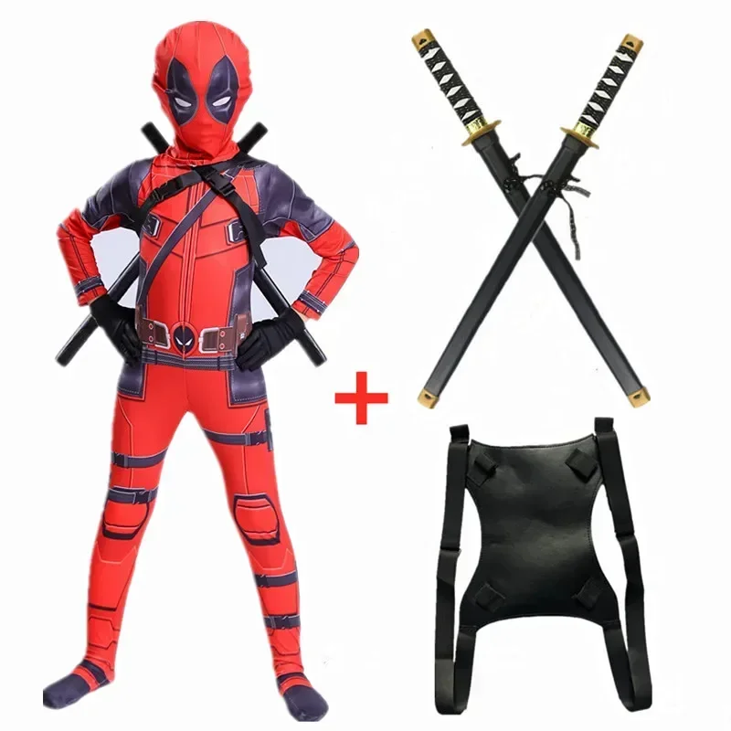 Deadpool Costume Kids Sword Deadpool Onesie Costume 2 Swords Kid Halloween Costume Mask Bodysuit Set Kids Party New Year Gift image 3