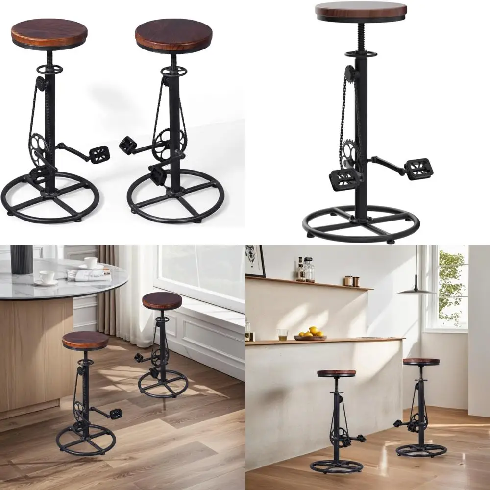 Vintage-Style Swivel Bar Stools with Bike Pedal Footrest - Tall Adjustable Kitchen Island Chairs for Pub-Height Dining