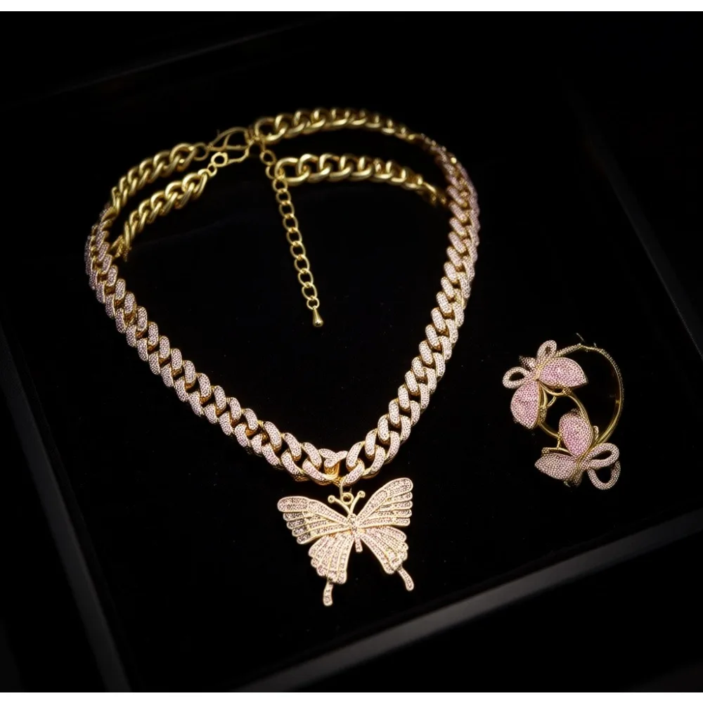 

Набор украшений из 3 предметов: кубинское ожерелье с подвеской-бабочкой, браслет и крупные серьги-кольца со стразами для женщин