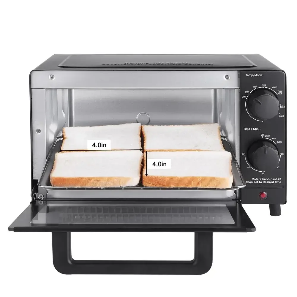 4 Slice Toaster Oven Bake Broil & Toast 9-inch Pizza or 4 Bread Slices Quartz Heating Elements 60 Minute Timer 1050W Power
