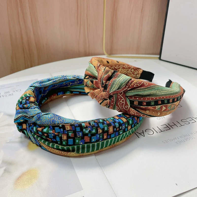 Haarband mit breitem, knoten bedrucktem Stoff im ethnischen Stil für High-End-Mode für Frauen und vielseitiges Farbkontrast-Stirnband – Detail 6