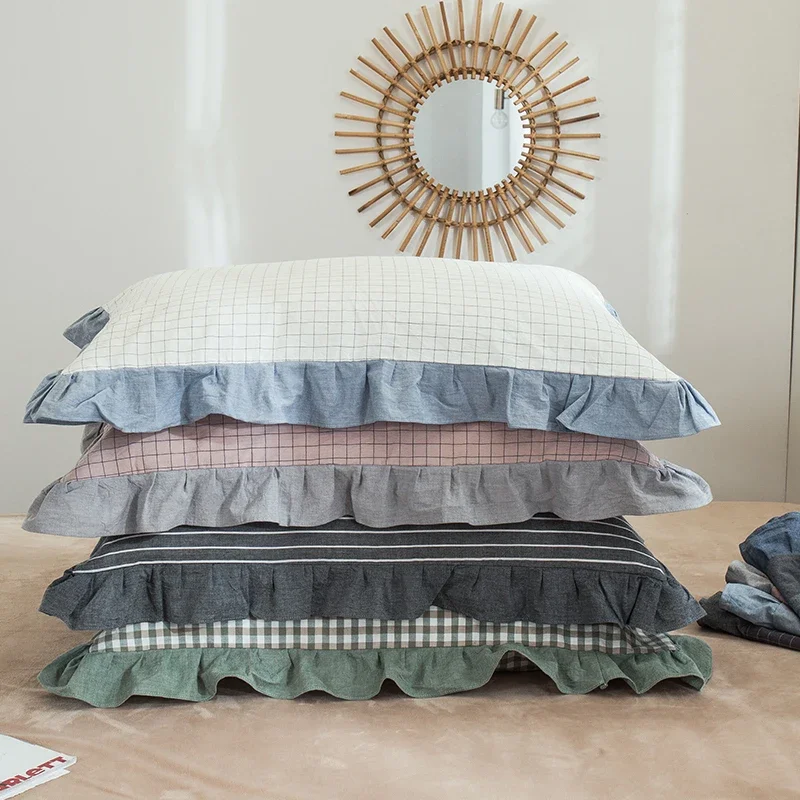 100% Cotton Pillow Case Pastoral Pure Cotton Thick Bedding Pillowcase Luxury Cushion Cover Lace European Embroidery Ruffle 48x74