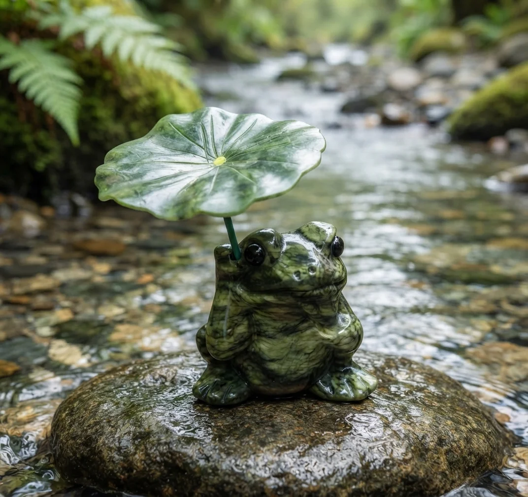 High Quality Natural Xiuyan Jade Frog Figurine with Lotus Leaf, Hand Carved Green Jade Statue for Home Decoration
