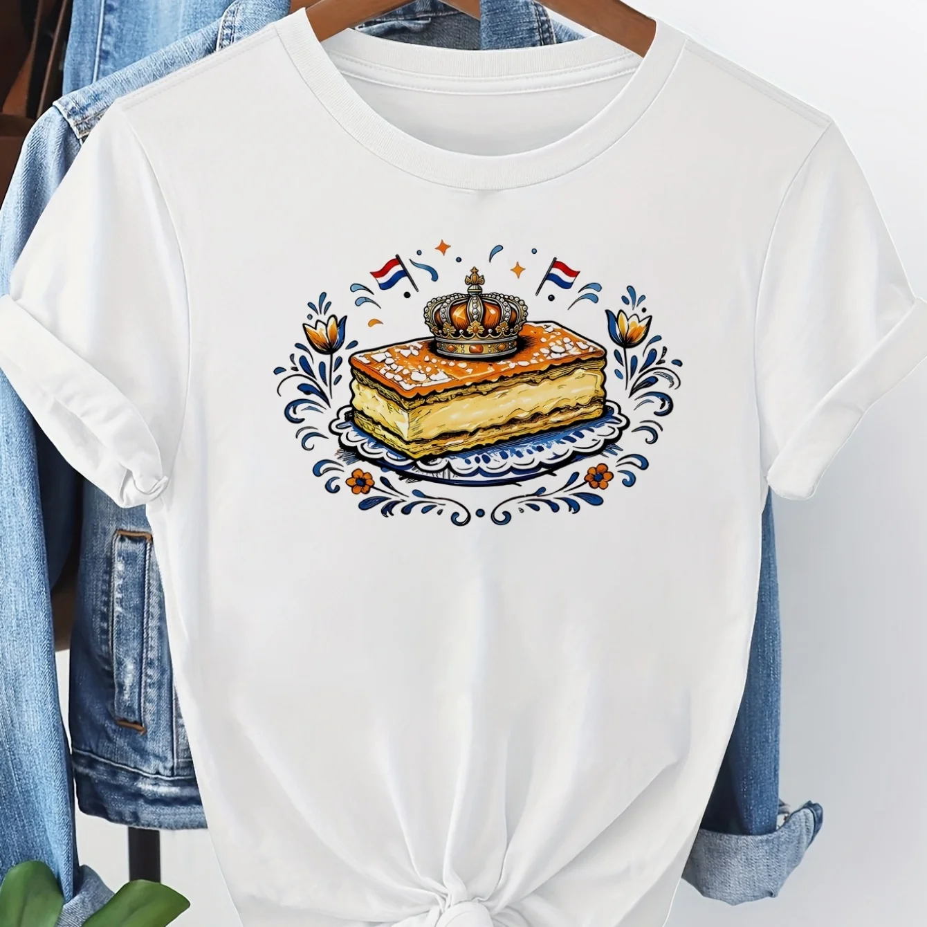 Dutch Royal Cake Art Printed 100% Short-sleeved Round-neck Casual Shirt, Suitable for Summer and Spr