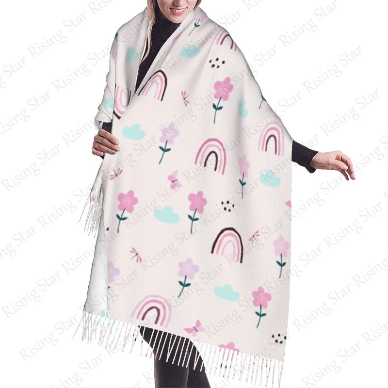 Flower Rainbow Cartoon Winter Cashmere Scarf Women Luxury Print Female Shawl Wrap Scarves Lady Thick Warm Blanket Gift