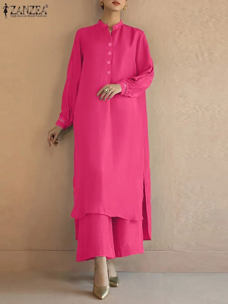 

ZANZEA Women Retro Solid 2PCS Pant Sets 2023 Autumn Button Irregular Split Hem Long Shirt Wide Leg Trousers Outfits Oversized