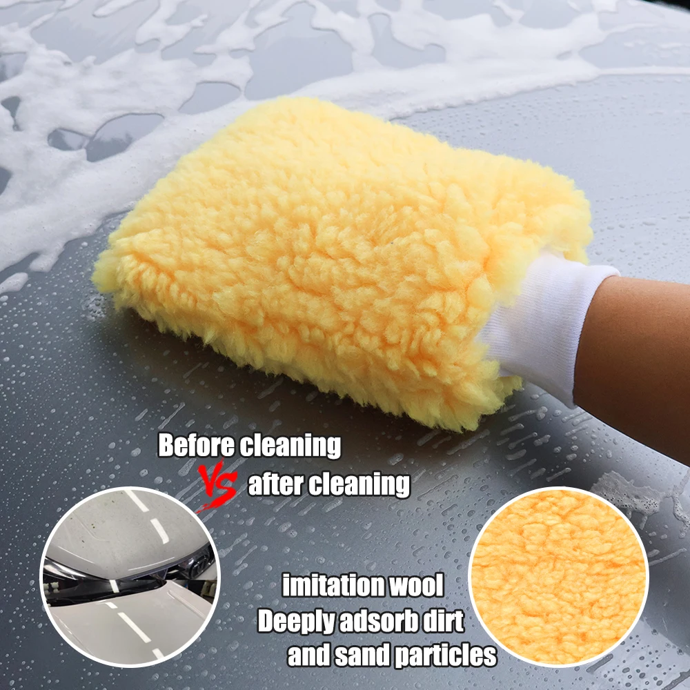 AUTOBRIGHT Yellow Dual-Sided Faux Wool Car Glove Lint-Free Scratch-Free Paint-Safe Durable for Car Interior Exterior Cleaning