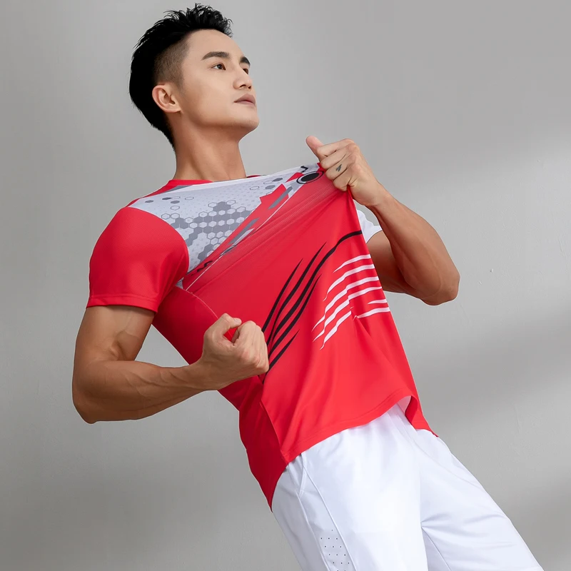 

New Badminton Shirts Elasticity Print Breathable Comfort Tennis Training Short Sleeves V Neck Polyester Running Gym Fashion Tee