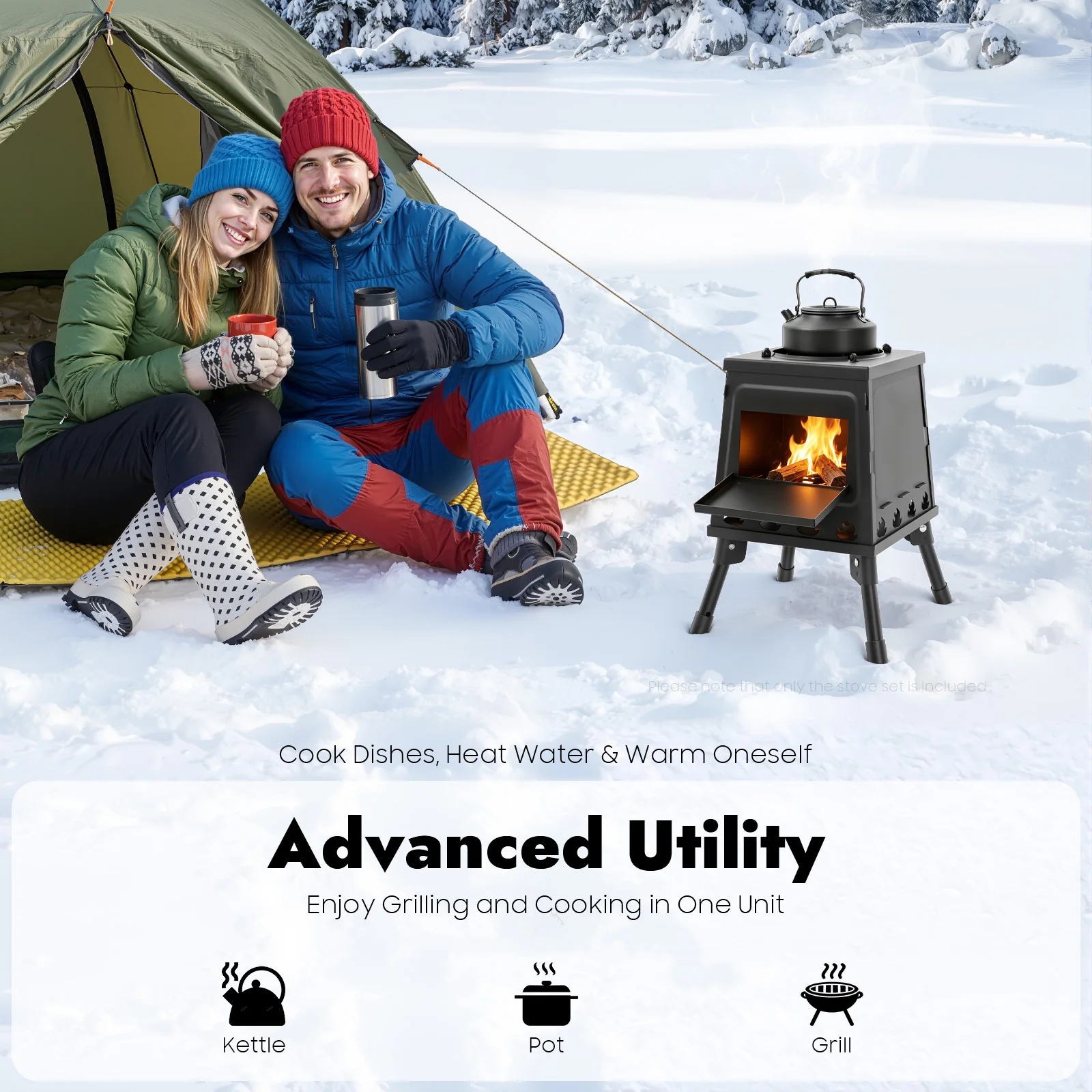 Schwarz/Grün Zeltkocher Tragbarer Windgeschützter Klappbarer Holzofen für Outdoor-Zelte mit Verstellbarem Topfhalter und Großem Einfülltisch – Detail 1