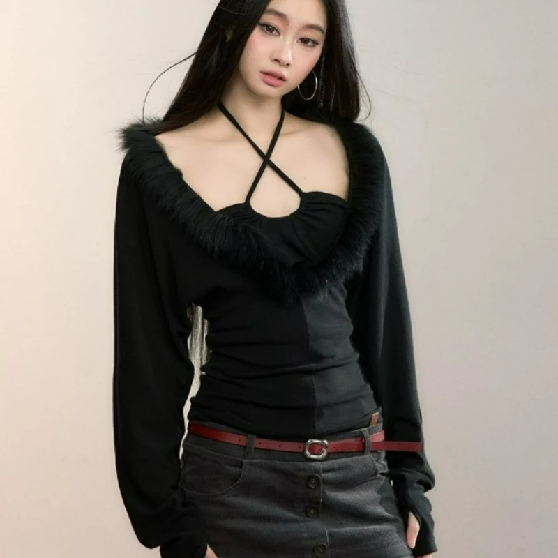 

New Fashion Slimming Top Korean-style High-end Faux Two-piece Furry Patchwork Long-sleeved T-shirt for Women 2026 Autumn/winter