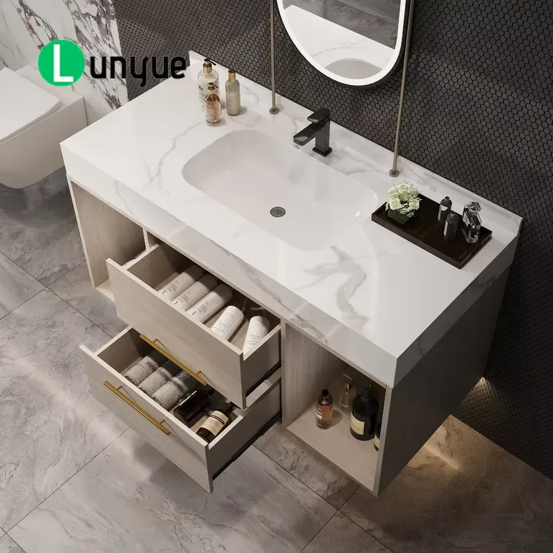 Modern Floating Bathroom Vanity Wall Mounted Ceramic Sink Solid Wood 2 Drawers 39.4 Inch For Contemporary Bath Storage