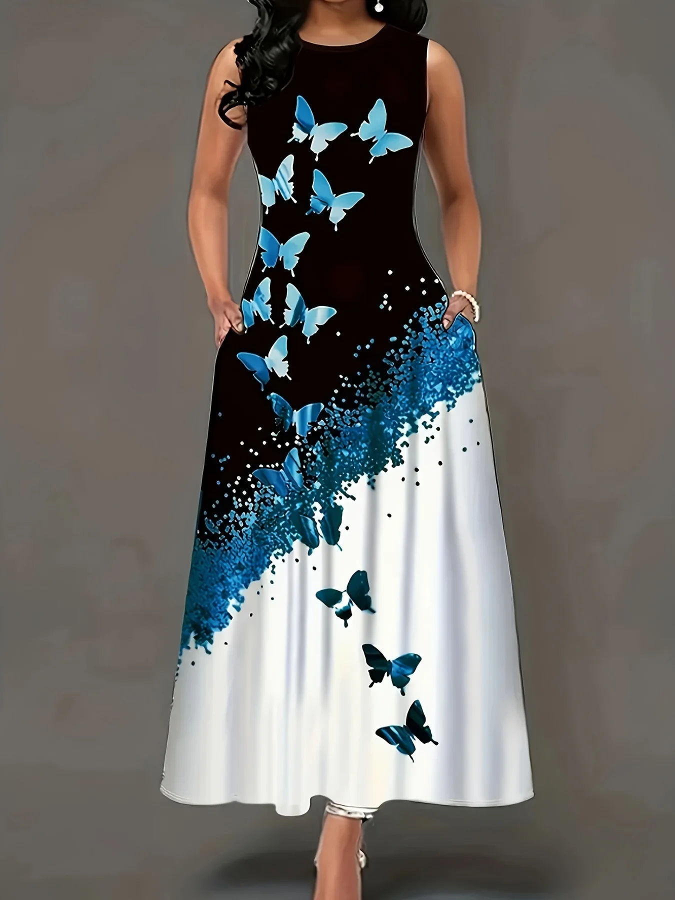 Neues Sommerkleid mit Farbverlauf und Schmetterlingsdruck, ärmellos, locker und figurschmeichelnd mit Taschen, eleganter langer Rock – Detail 3