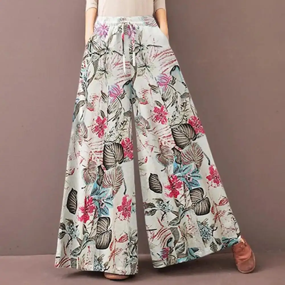 Woman Wide Leg Pants Vintage Flower Tie Belt Baggy Trousers Elastic Waist Loose Pantskirt Vintage Culotte pantalones ropa mujer