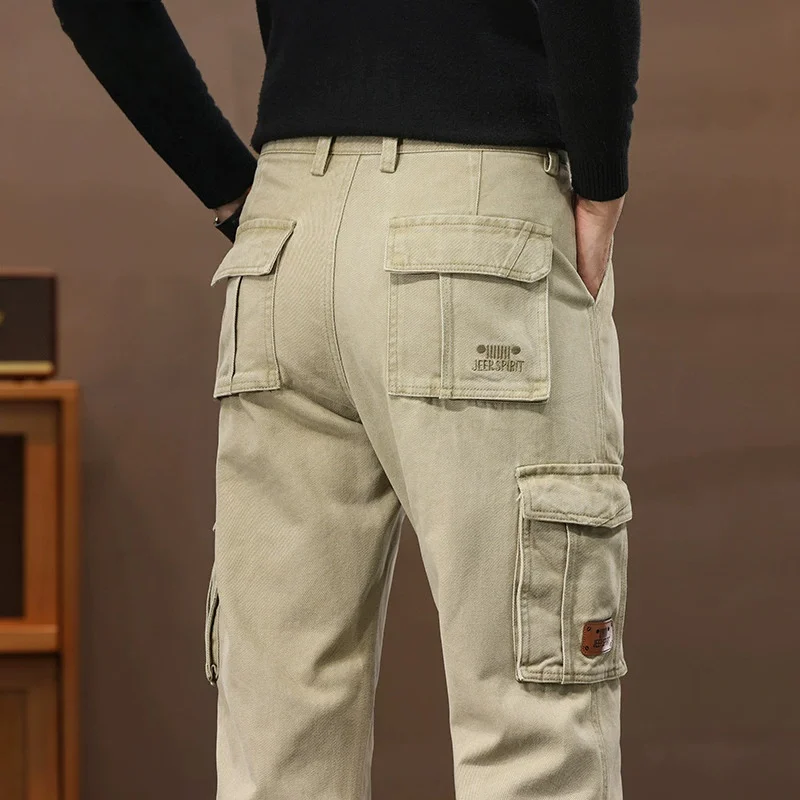 

Autumn Winter Mens Cargo Pants Mulit Pockets Military Army Denim Casual Pants Straight Khaki Green Trousers For Male Size 42 44