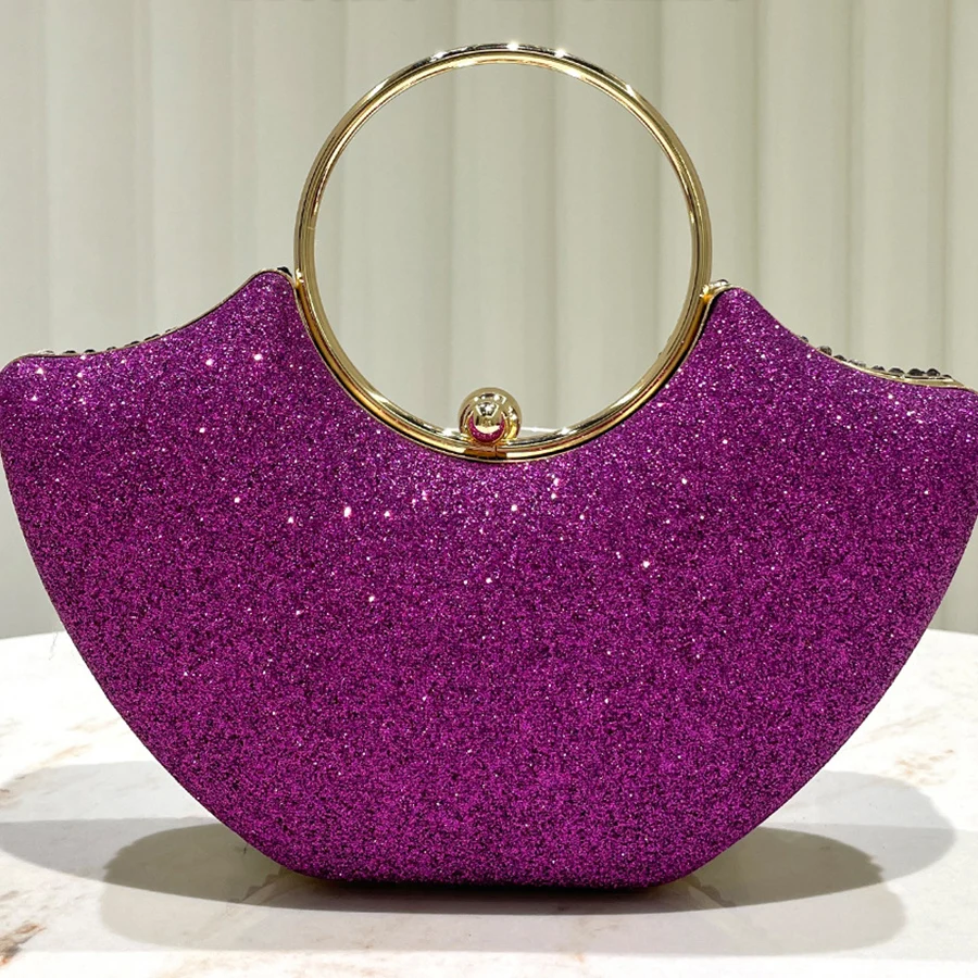 Purple shiny luxurious diamond ring handle handbag lady's evening bag for party dress wedding clutch purse chains shoulder bags view 3