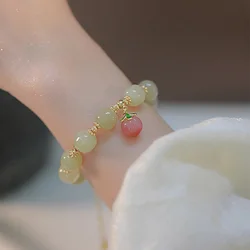 Natural Hotan Jade Bracelet for Women Pink Honey Peach Pendant Beads Bangles Light Luxury Design New in Wedding Jewelry