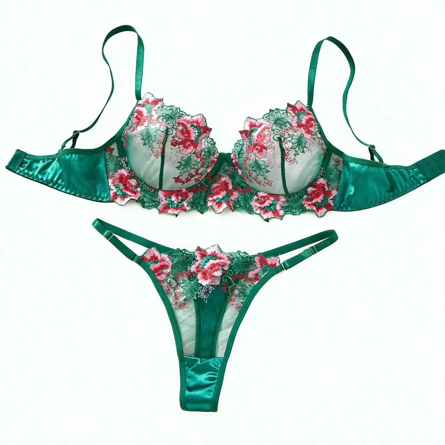 Elegante set di lingerie in pizzo ricamato con motivi floreali verdi, reggiseno push-up e perizoma, in raso e rete, intimo romantico ZA825146