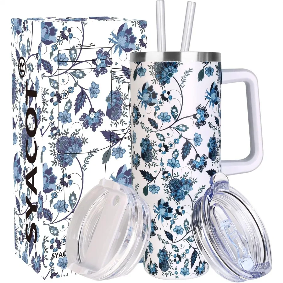 

Стакан на 40 унций с ручкой и соломинкой, изолированный стакан из нержавеющей стали, герметичная крышка и соломенная крышка, многоразовая дорожная кружка, кофейная кружка