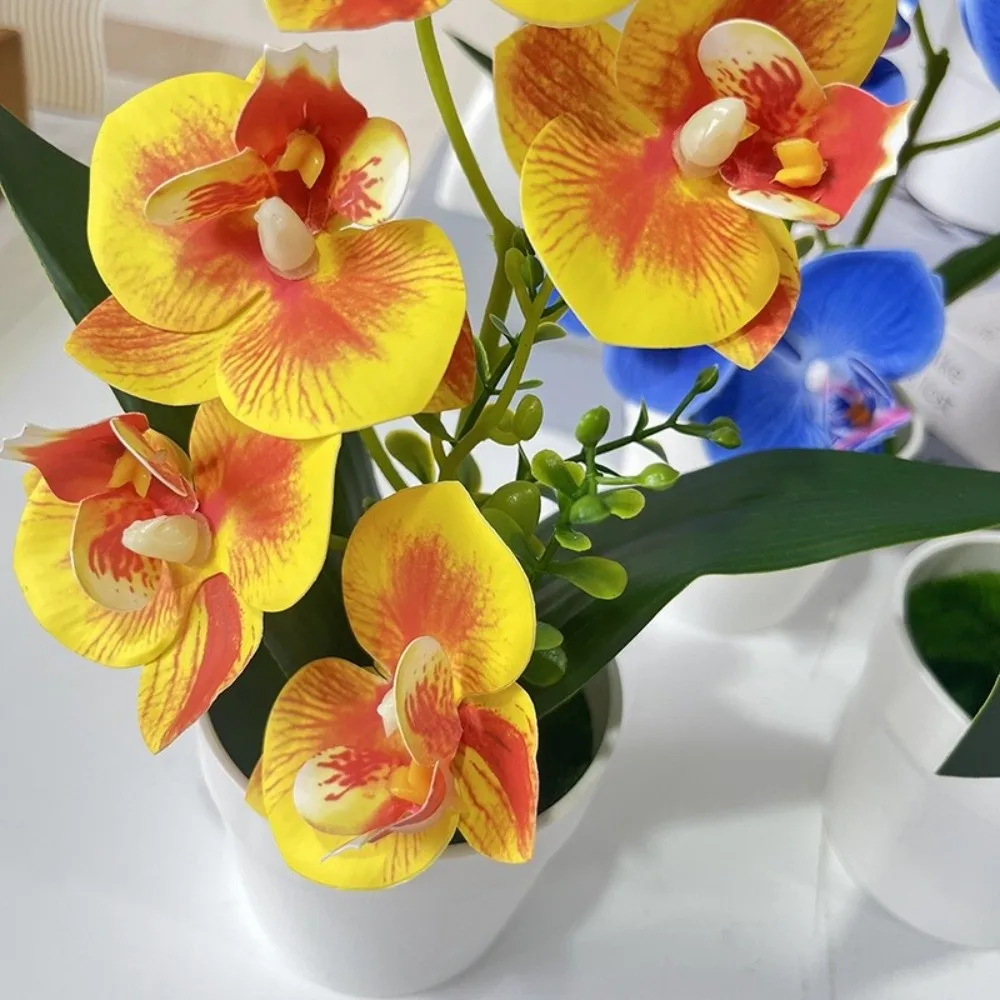 5 Blooms Artificial Orchid Arrangement Indoor Compact Potted Flower Display White Pot Pink White Tabletop Floral Centerpiece