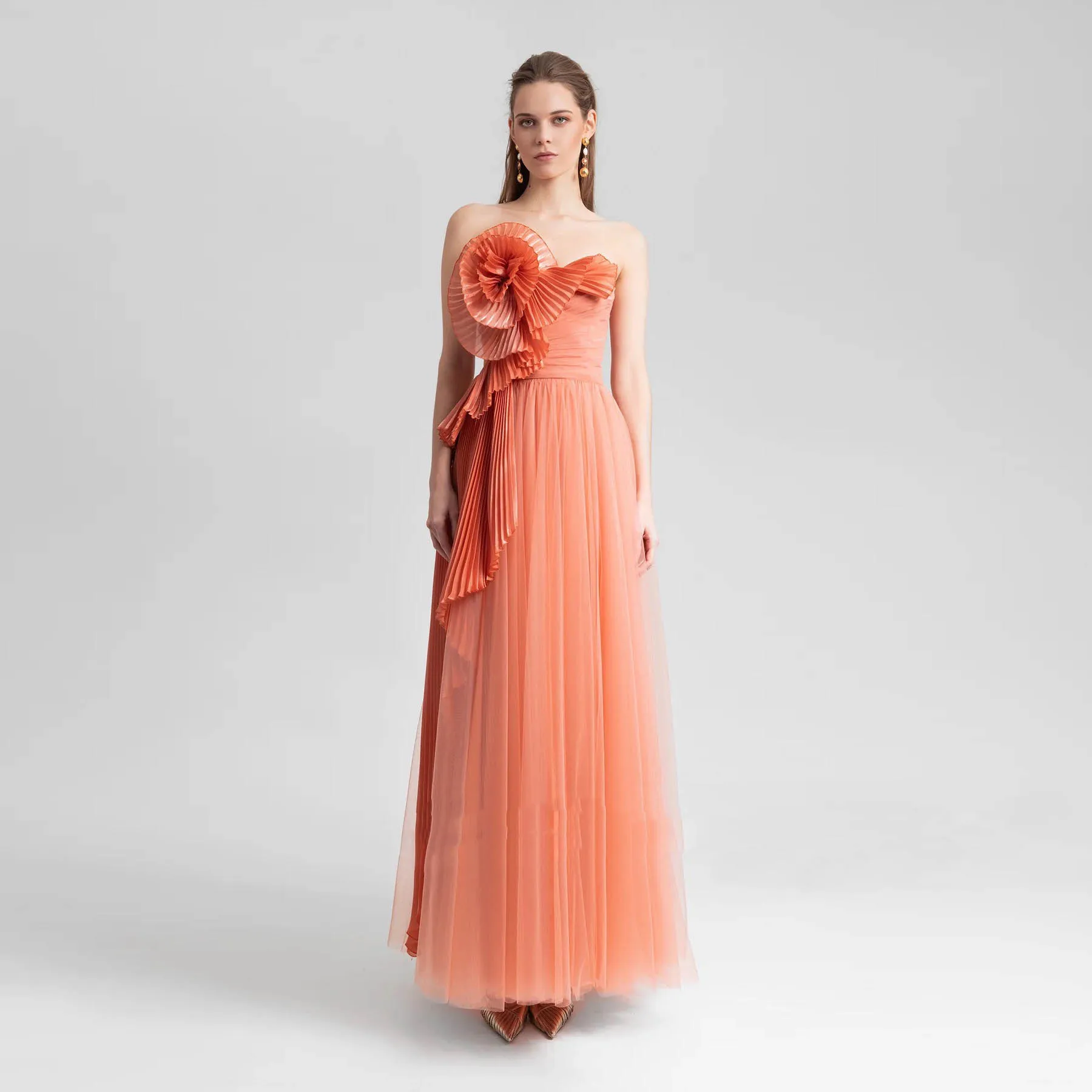 

Chic Pleated Party Dresses Orange 3D Floral Party Gowns Robe De Bal Back Zipper Closure Tulle Women Dress Maxi Custom