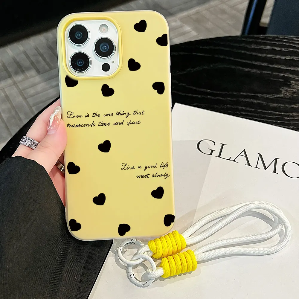 Coque de téléphone en silicone anti-taches avec cordon noir motif cœur pour iPhone 17 16 15 13 12 14 11 Pro Max Air X 16 15 14 8 Plus XS XR