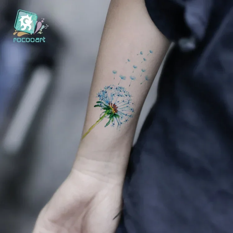 Rocooart ดอกไม้สักชั่วคราวที่มีสีสัน Dandelion tatuagem มือปลอมสักสำหรับสาว tatouage ผู้หญิง taty แฟลช